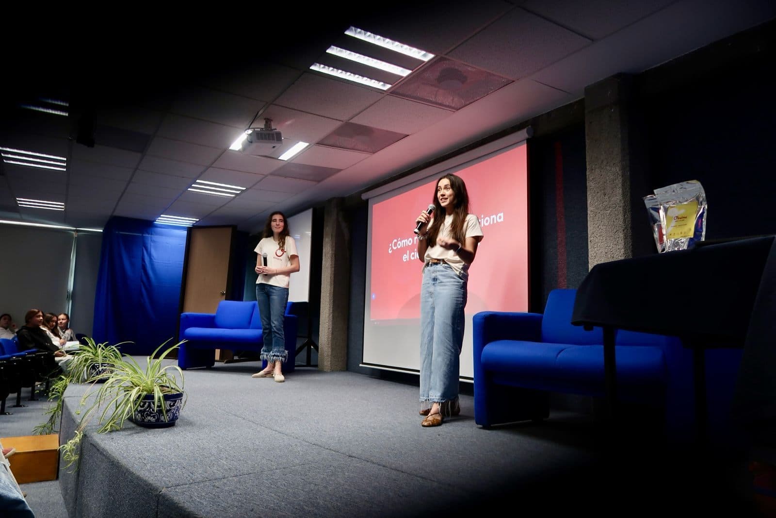 Una plática en escenario, con la pantalla detrás